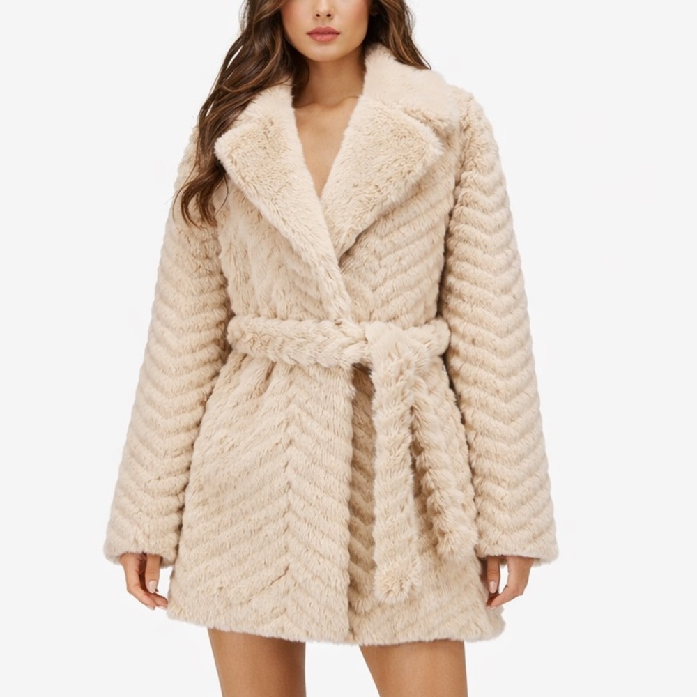 TU-LX Jackie Faux Fur short Coat Beige Vintage 60s Belted